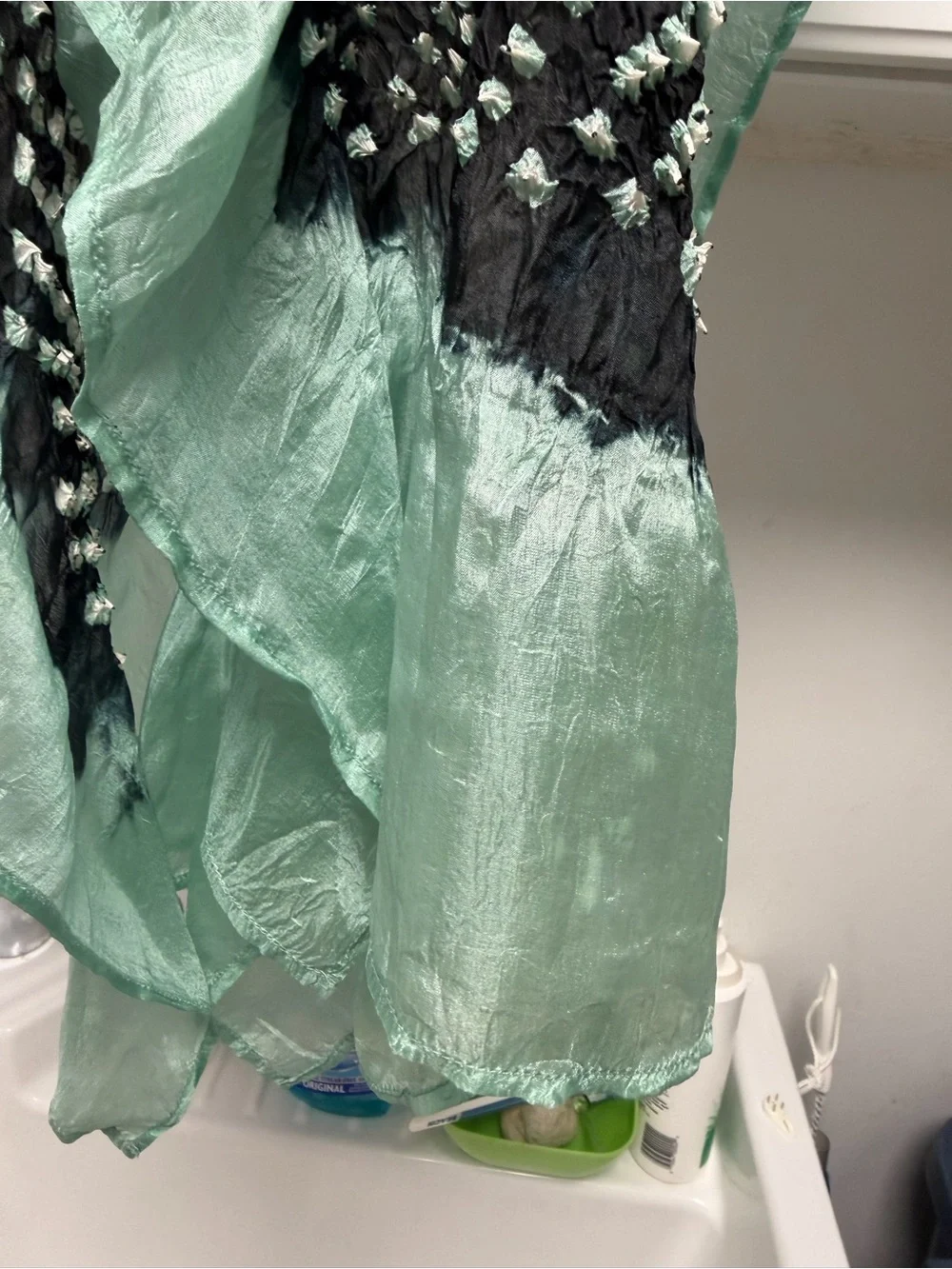 Asian Eye Mint Green & Navy Bandhani Tie-Dye Silk Scarf Handcrafted India